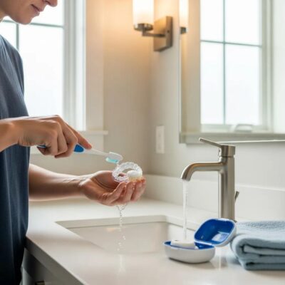 person-cleaning-a-dental-night-guard-in-a-bathroom-demonstrating-maintenance-practices